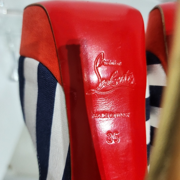 Christian Louboutin Lady Peep Sling 150 Toile Rayee Stripe Pumps Heels Size 35 - Picture 6 of 12